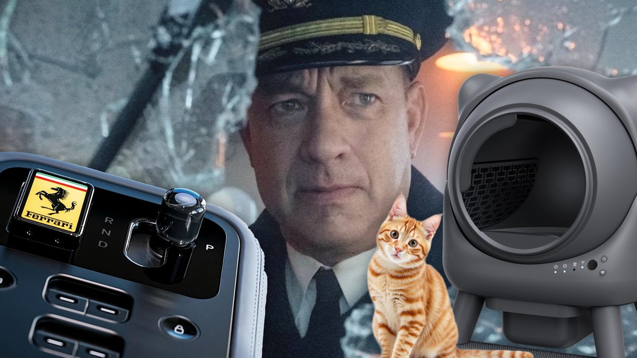 Serious uniformed man in shattered cockpit background, Ferrari car gear selector on left, gray automatic litter box on right, and curious orange tabby cat sitting in front.
