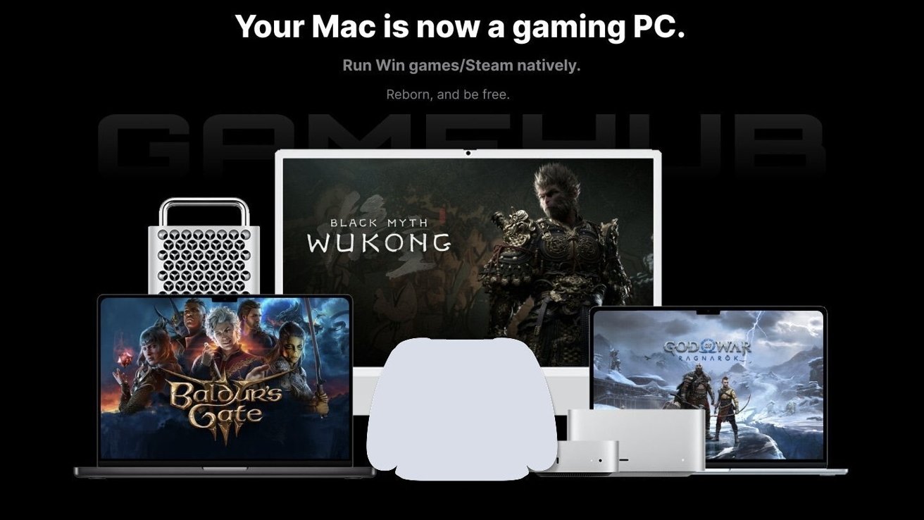 Banner showing multiple Mac computers running popular PC games Baldurs Gate 3, Black Myth Wukong, and God of War Ragnarok, with headline saying Your Mac is now a gaming PC