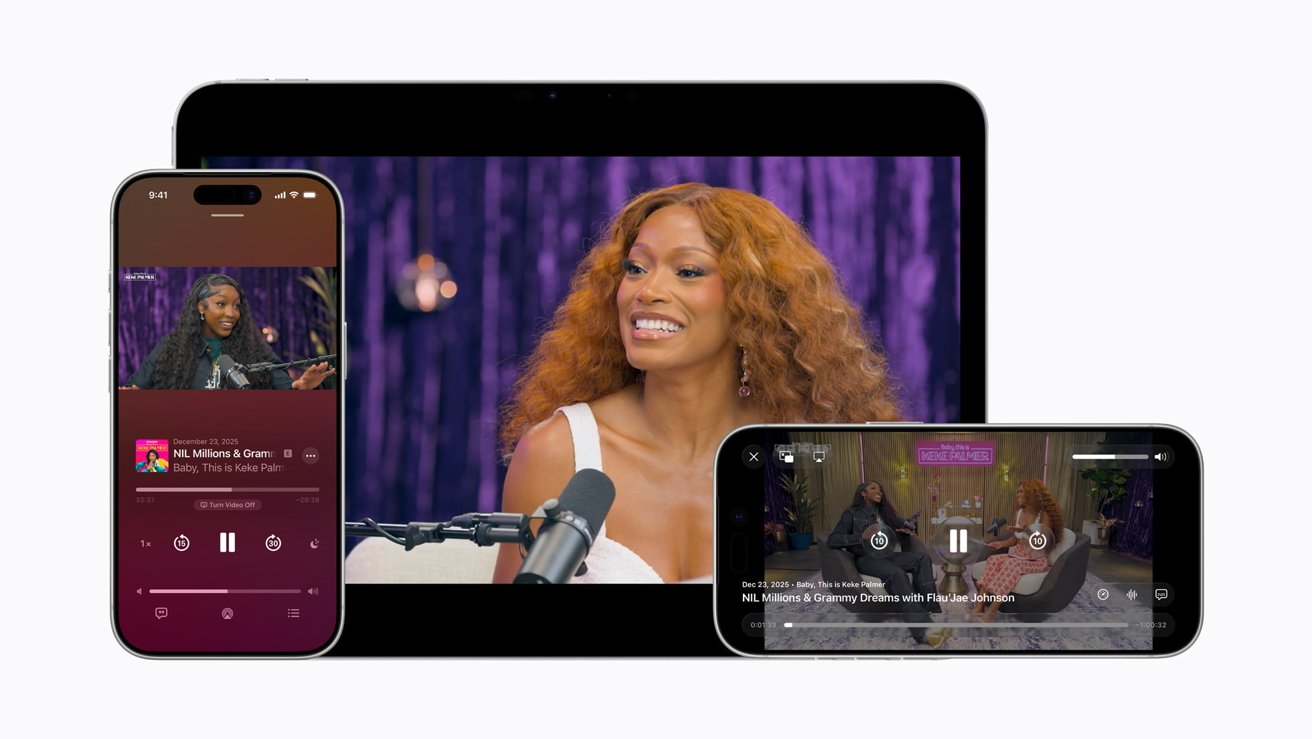 Three Apple devices display a colorful podcast featuring two Black women talking into microphones on a cozy studio set with purple curtains and warm lighting