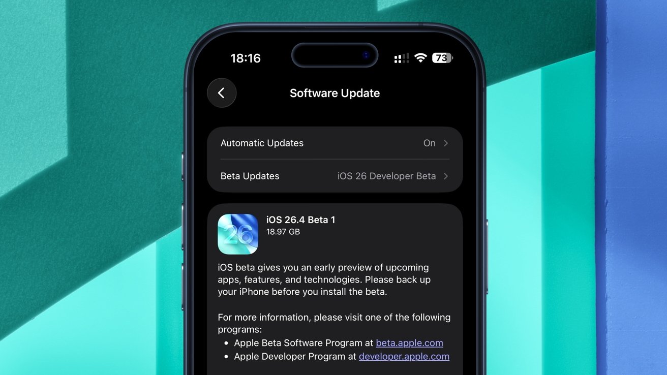 iPhone screen showing Software Update settings, highlighting iOS 26.4 Beta 1 download page with beta description, size 18.97 GB, on a dark interface against teal and blue geometric background