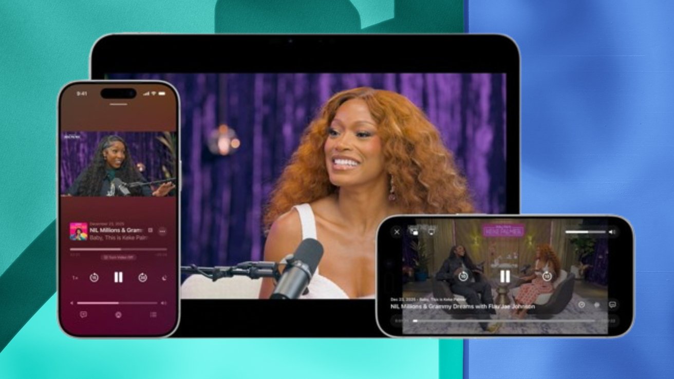 A woman with long curly hair speaking into a microphone on a podcast, shown via a tablet and two smartphones on a teal and blue background, with playback controls visible on the screens
