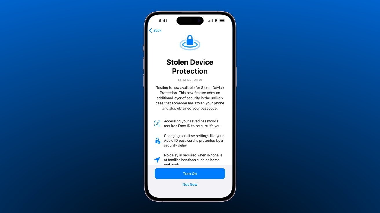 iPhone screen showing instructions for setting up Anti-theft protection and options to turn it on or not now, on a blue gradient background