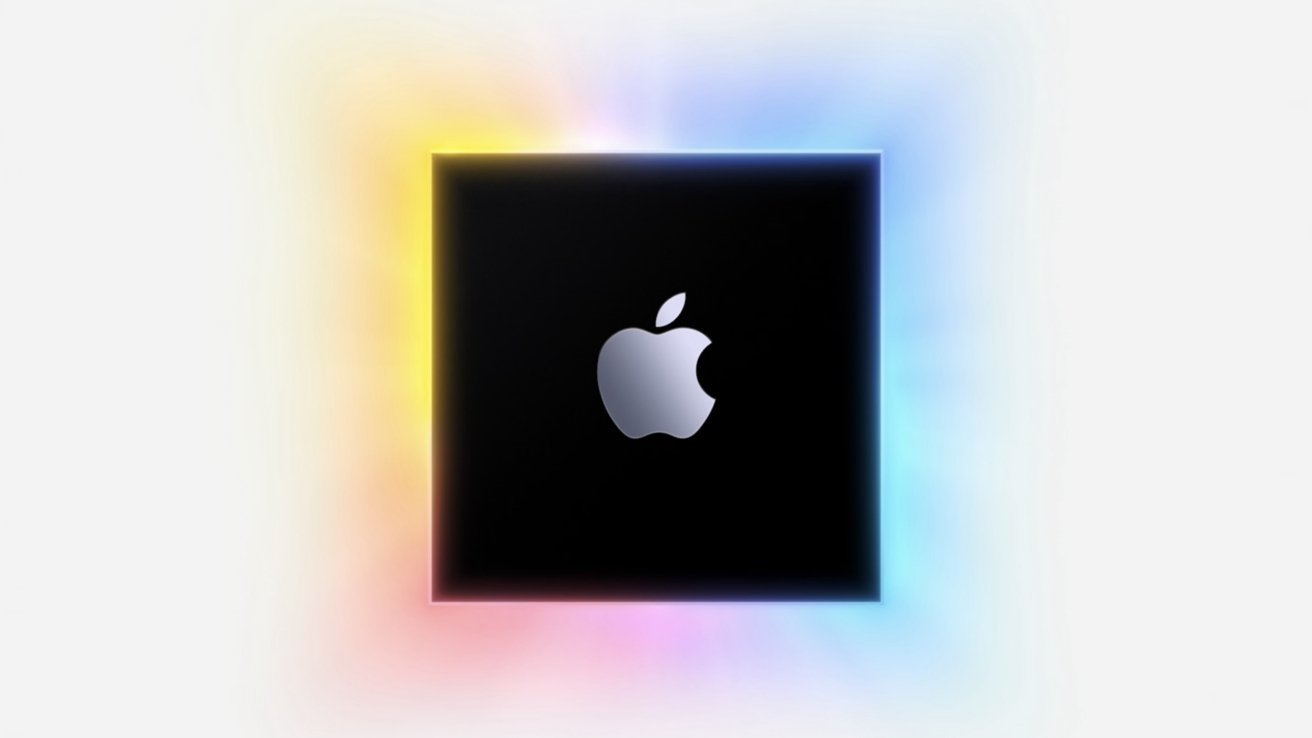 Black square chip with a metallic Apple logo centered, surrounded by a soft glowing border that fades from yellow and pink on the left to blue on the right