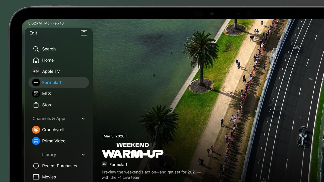 Tablet screen showing Apple TV app with left navigation and Formula 1 selected, alongside aerial view of racetrack, crowd-lined path, palm trees, and water on the right