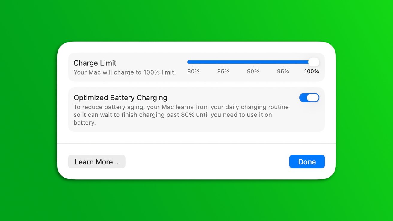 Mac battery settings window on bright green background, showing charge limit slider set to 100 percent, optimized battery charging toggle enabled, and buttons labeled Learn More and Done