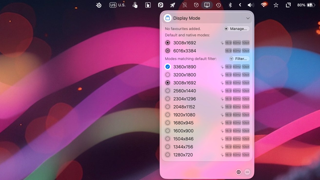 Mac desktop with colorful pink and purple abstract background, showing a Display Mode settings panel listing multiple screen resolutions, one selected at 3360x1890, with menu bar icons along the top.