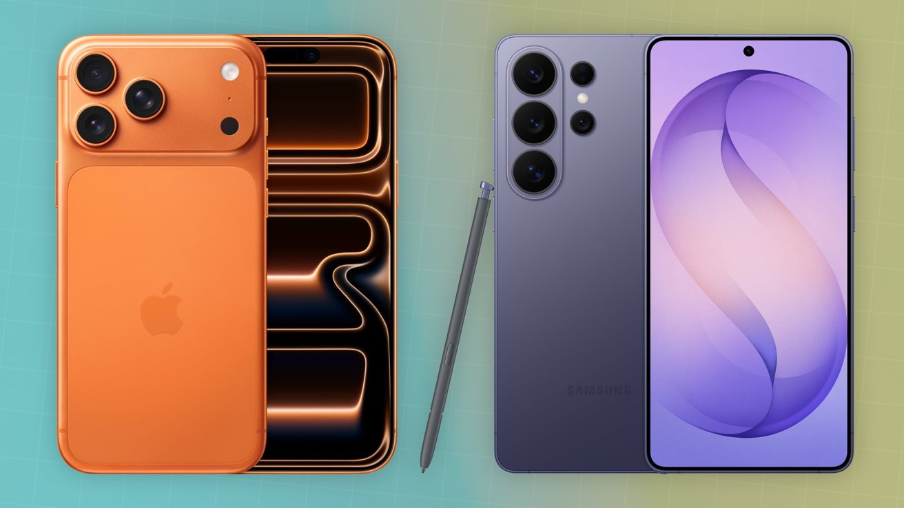 Two smartphones side by side: orange iPhone with triple rear cameras on the left, purple Samsung phone with triple rear cameras and stylus on the right, both against a colorful gradient background