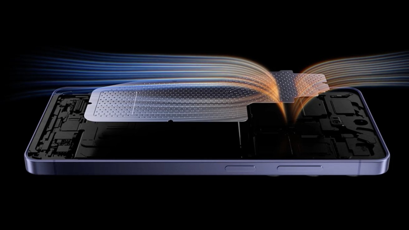 Smartphone interior with a perforated cooling plate above components, shown with blue and orange airflow streaks illustrating advanced heat dissipation inside a slim rectangular device against a black background
