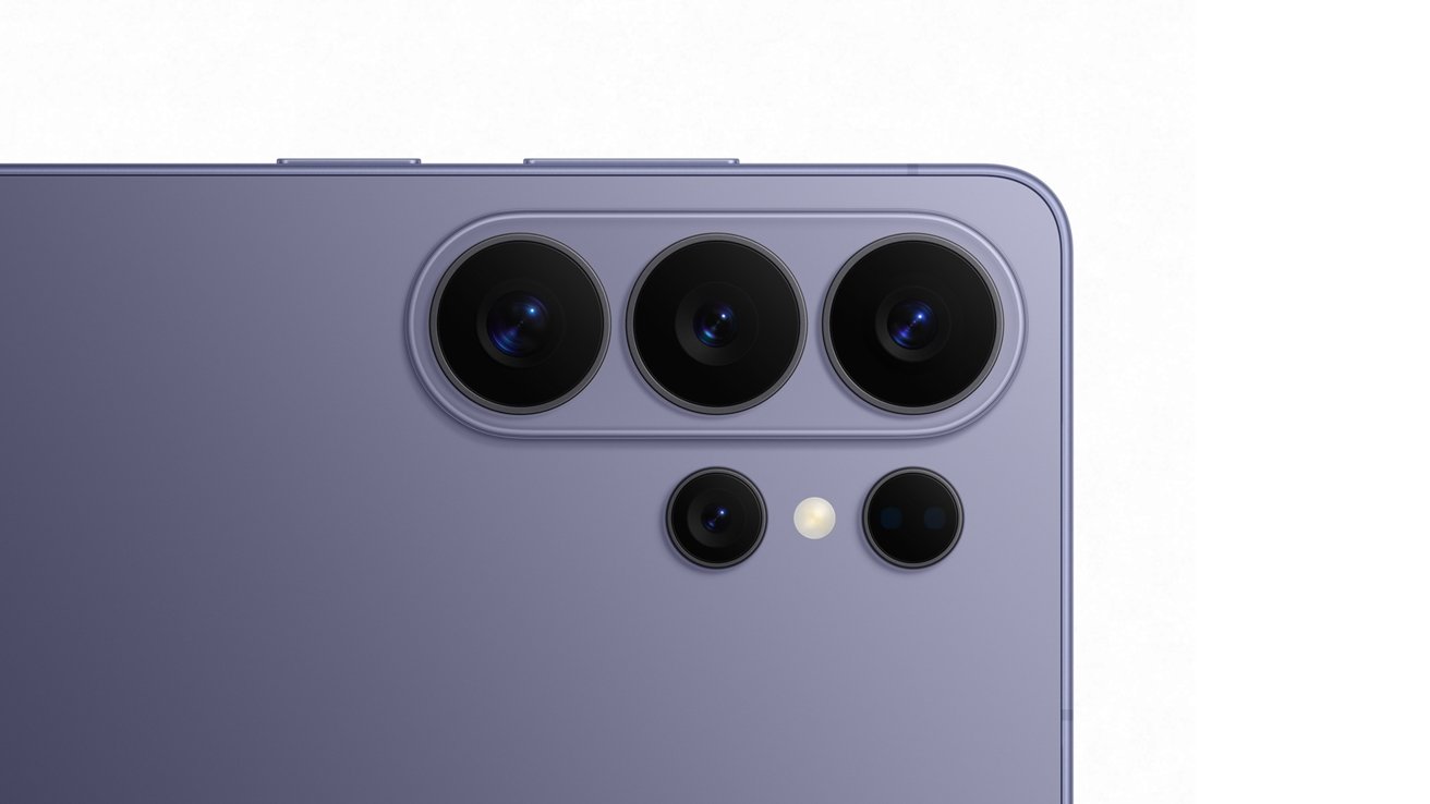 Close-up of a lavender smartphone's back showing three large camera lenses, two smaller sensors, and an LED flash arranged in a neat cluster near the top-right corner.