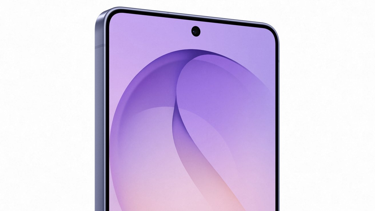 Close-up of a modern smartphone front, showing slim black bezels, centered hole-punch selfie camera, and purple gradient abstract wallpaper against a plain white background.