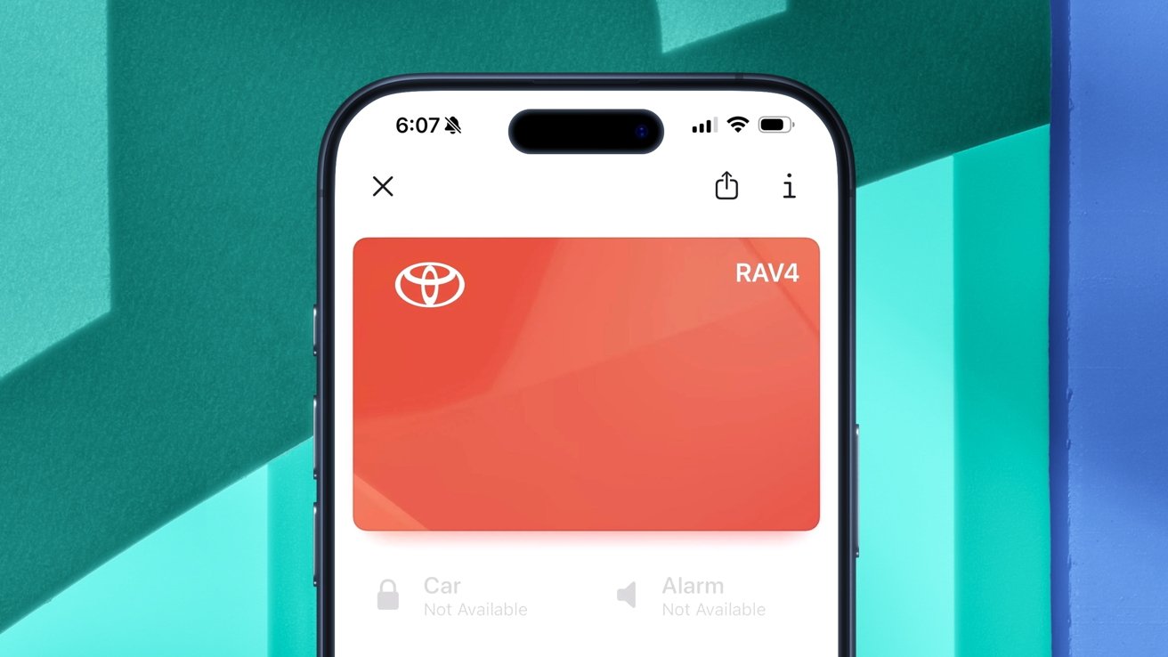 Smartphone screen showing a digital Toyota RAV4 card with red background, sharing icons above, and car and alarm controls below marked as not available, against teal geometric background