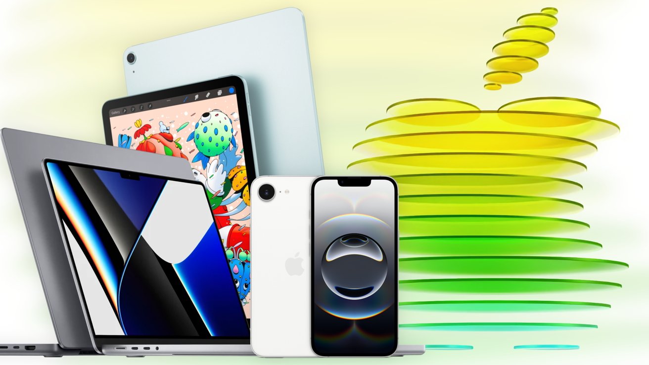Apple devices including MacBook laptops, iPads, and iPhones arranged together on a light background with a large abstract green and yellow Apple logo shape on the right