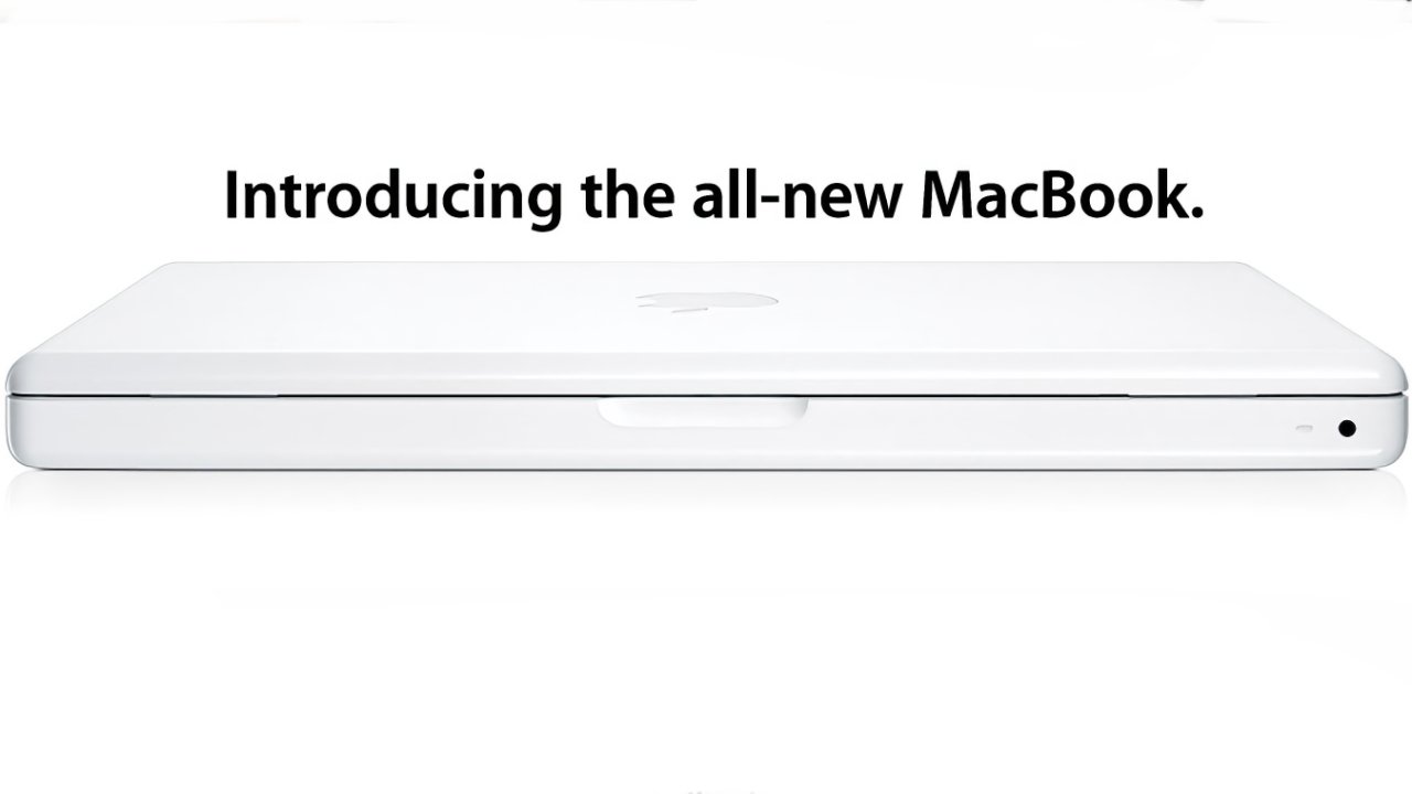 Closed white Apple MacBook laptop viewed from the front on a white background, with bold text above reading Introducing the all-new MacBook