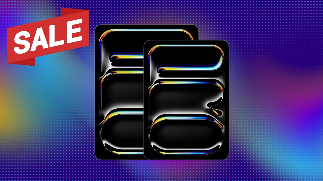 Colorful sale banner with bold red SALE label, two overlapping M5 iPad Pro models, on a vibrant blue and purple dotted gradient background.
