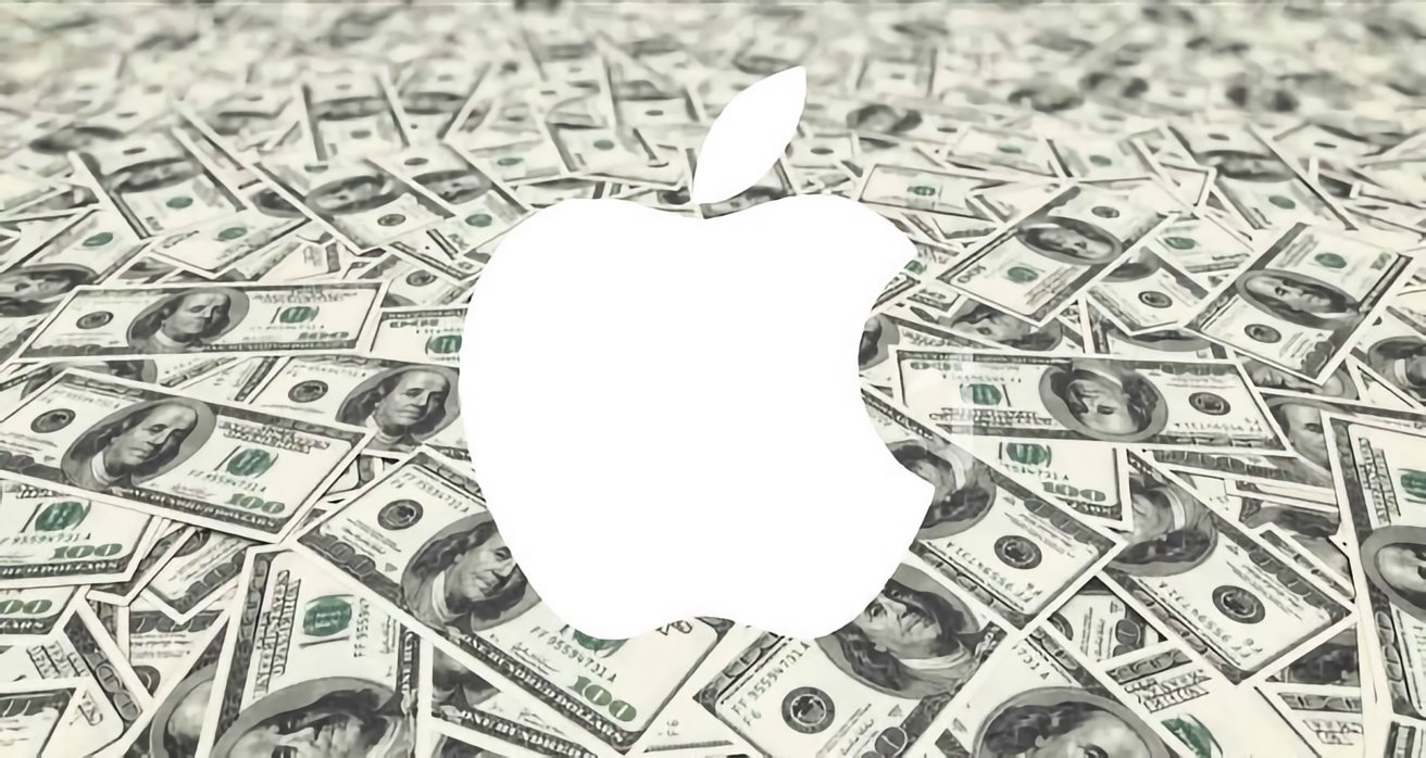 White Apple logo centered over a dense pile of overlapping US hundred dollar bills, emphasizing wealth, profit, or high financial value associated with the Apple brand