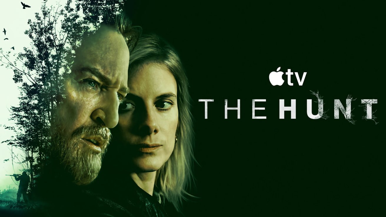 Two serious adults stare ahead against a dark green background; forest silhouettes and a hunter blend into their faces beside the Apple TV logo and the title The Hunt