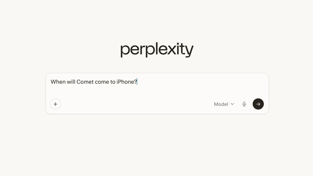 Perplexity AI search interface on a light background, showing a text box with the typed question When will Comet come to iPhone and controls for model selection, voice, and submit button