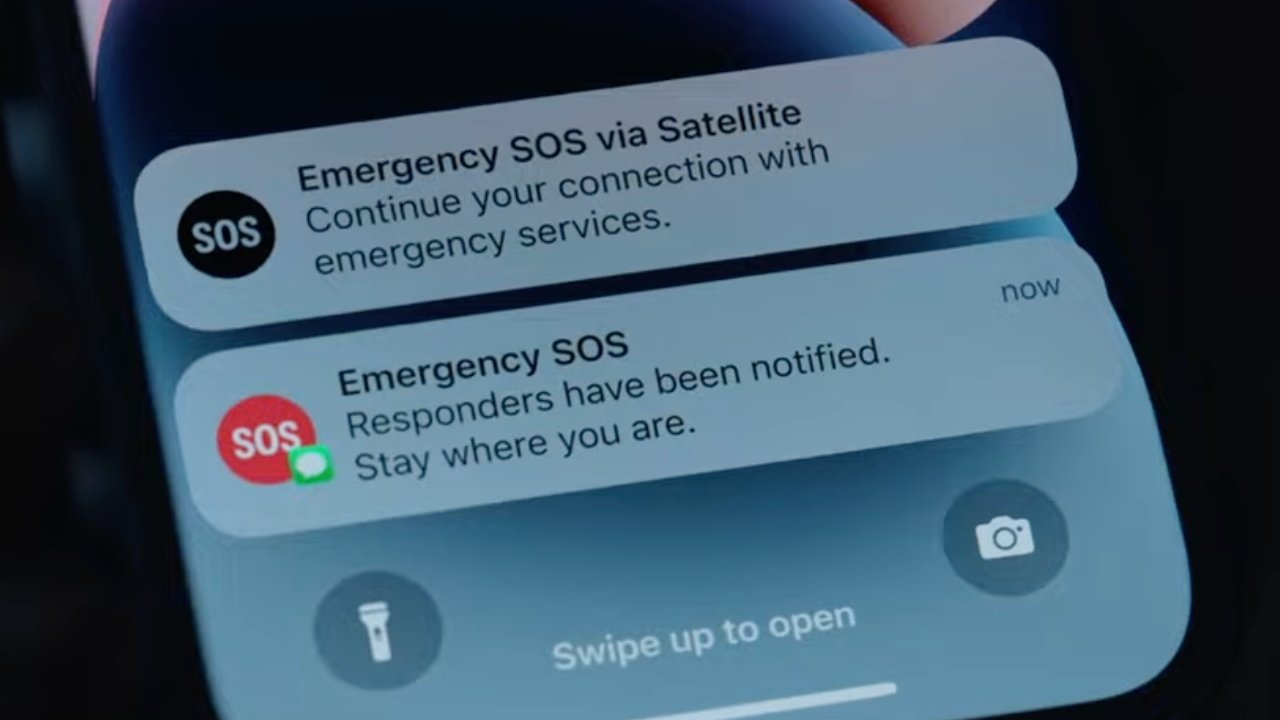 Smartphone lock screen showing Emergency SOS via satellite notification and a second alert stating responders have been notified, with flashlight and camera icons at the bottom