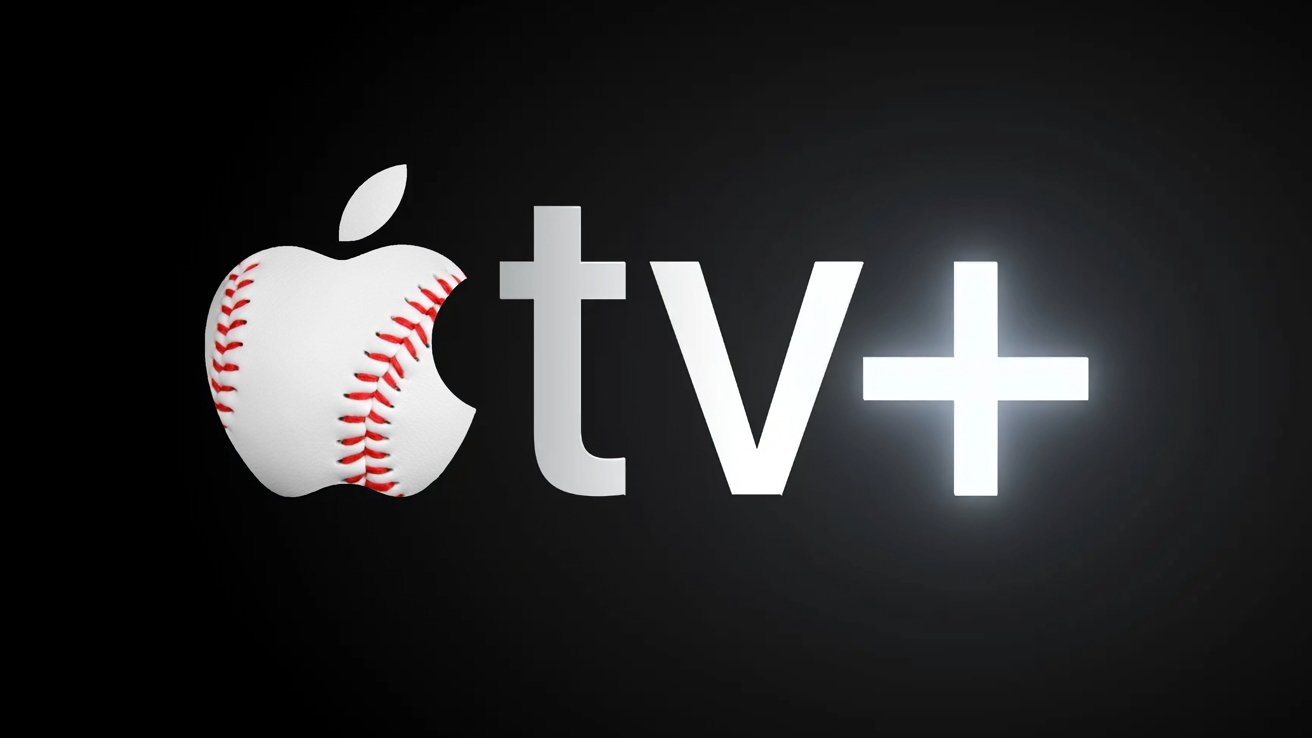 Apple TV Plus logo with the Apple symbol textured like a white baseball with red stitching on a dark background