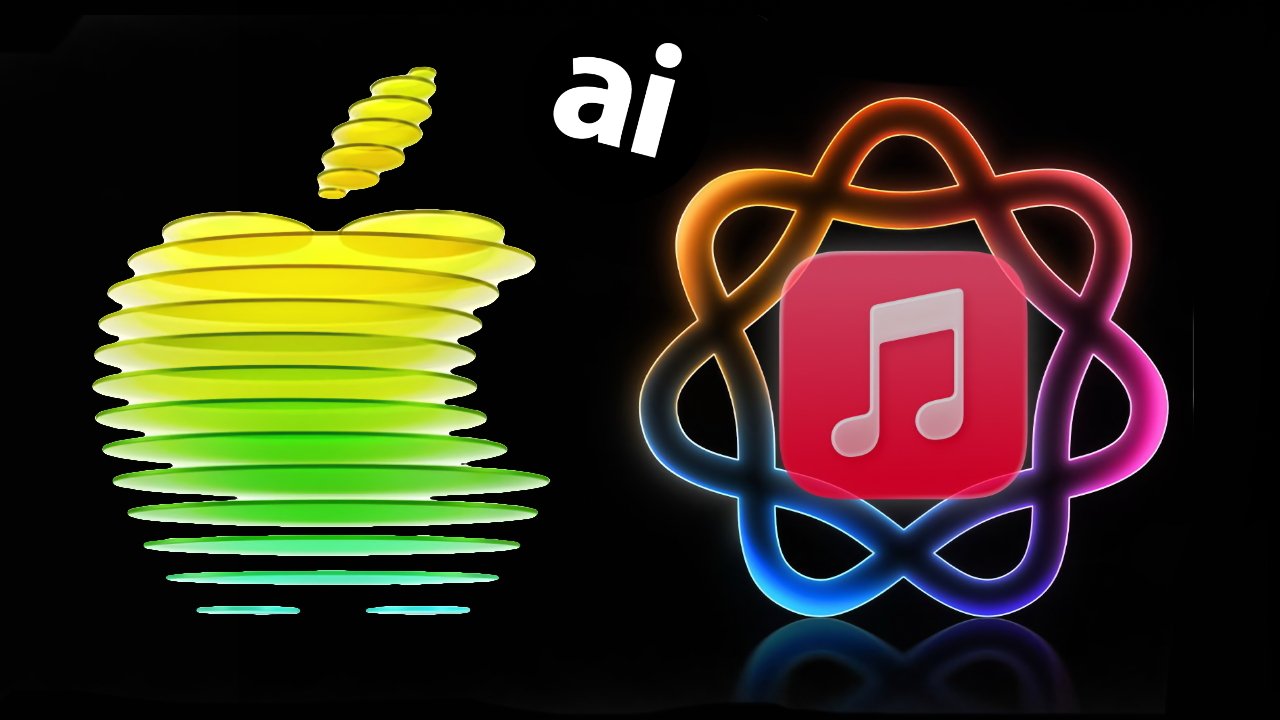 Neon Apple logo and colorful atomic symbol on black background, with pink music app icon in the center and the letters ai above, suggesting artificial intelligence and music integration