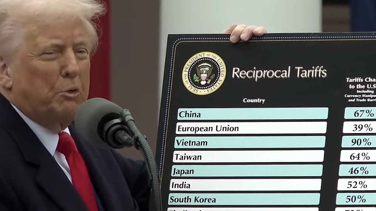 Donald Trump speaks at a podium while holding a large chart titled Reciprocal Tariffs, listing countries such as China, European Union, Vietnam, Taiwan, Japan, India, and South Korea