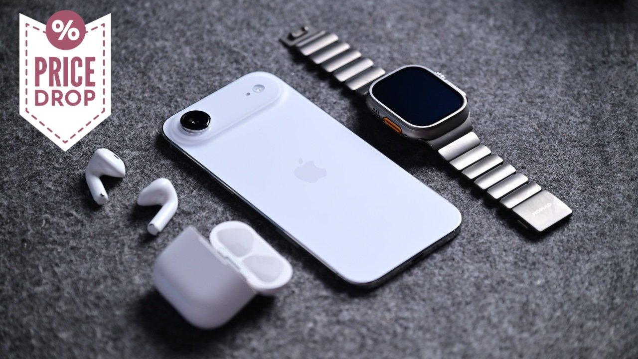 iPhone Air, Apple Watch with metal band, and AirPods with open case on gray fabric background, with a pink badge on the left reading percent sign price drop