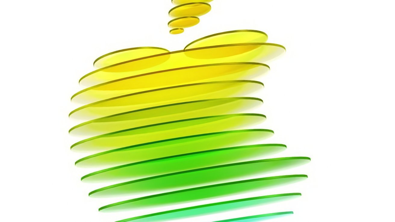 Stack of translucent, overlapping oval discs shaded from bright yellow at the top to vivid green at the bottom, arranged in a twisting vertical spiral on a clean white background