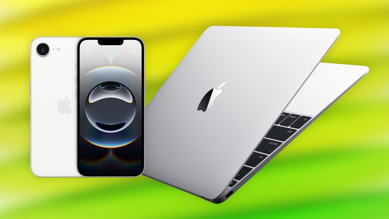 White Apple iPhone showing a dark abstract sphere wallpaper beside an open silver MacBook laptop on a bright yellow and green gradient background