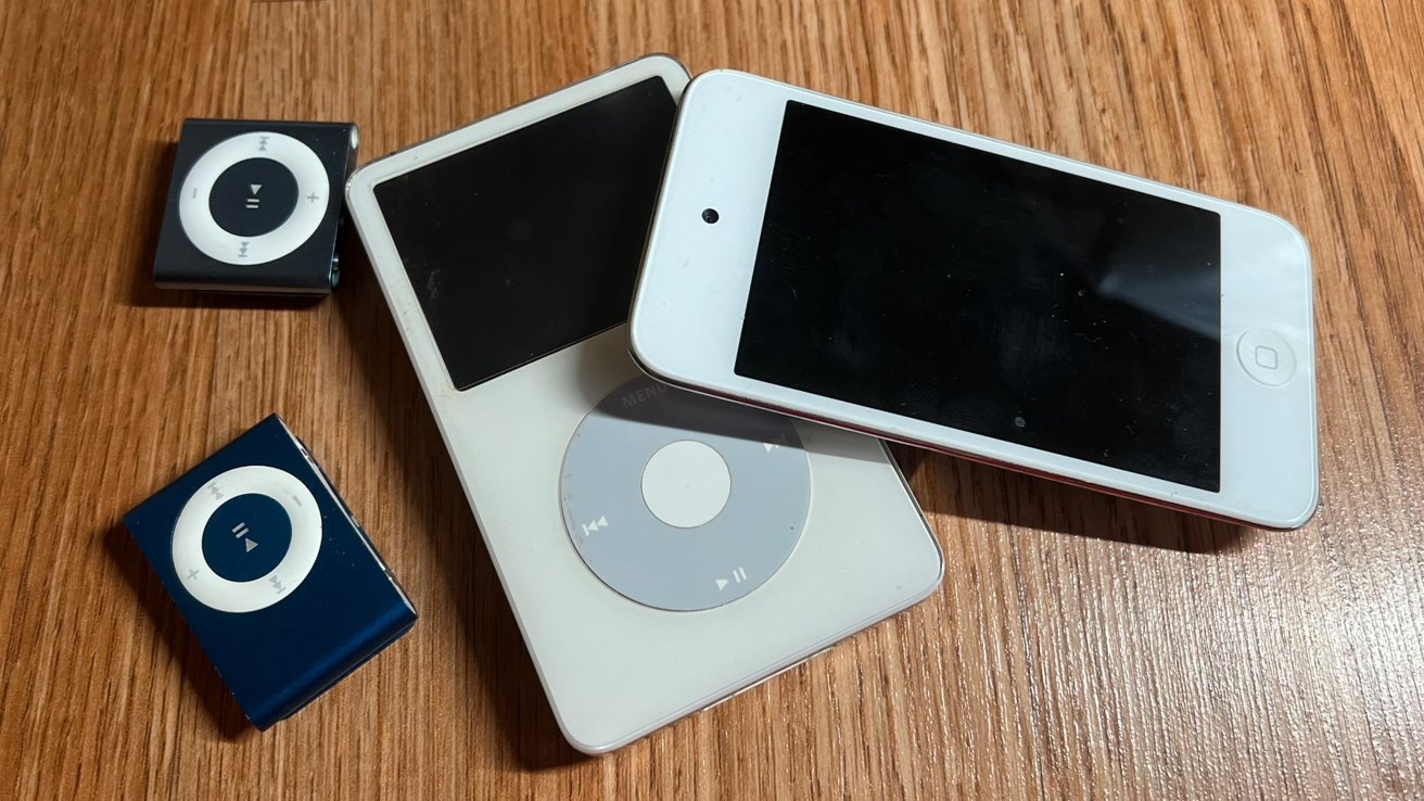 An assortment of iPods including iPod shuffle, iPod video, and iPod touch