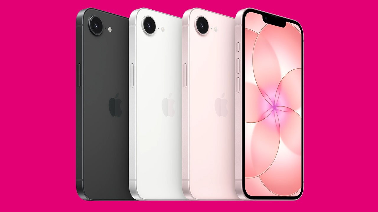 Four Apple iPhone 17e smartphones standing upright in black, white, light pink, and front-facing views, showing a pink floral pattern on the display against a bright magenta background