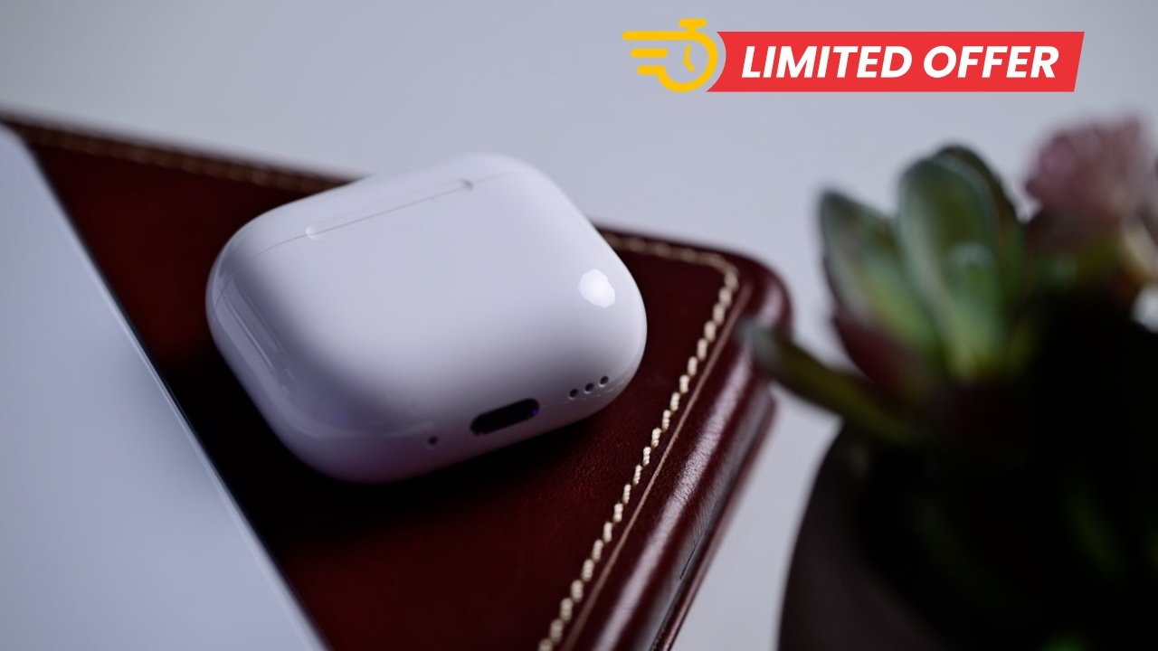 AirPods 4 case resting on a brown leather notebook near a succulent plant, with a red and yellow Limited Offer promotional banner in the top right corner