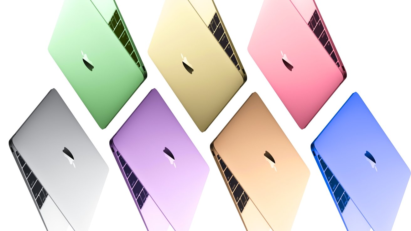 Seven slim Apple laptops arranged diagonally, partially open, showing keyboards and glowing logos, in vibrant colors: green, yellow, pink, silver, purple, gold, and blue on a white background