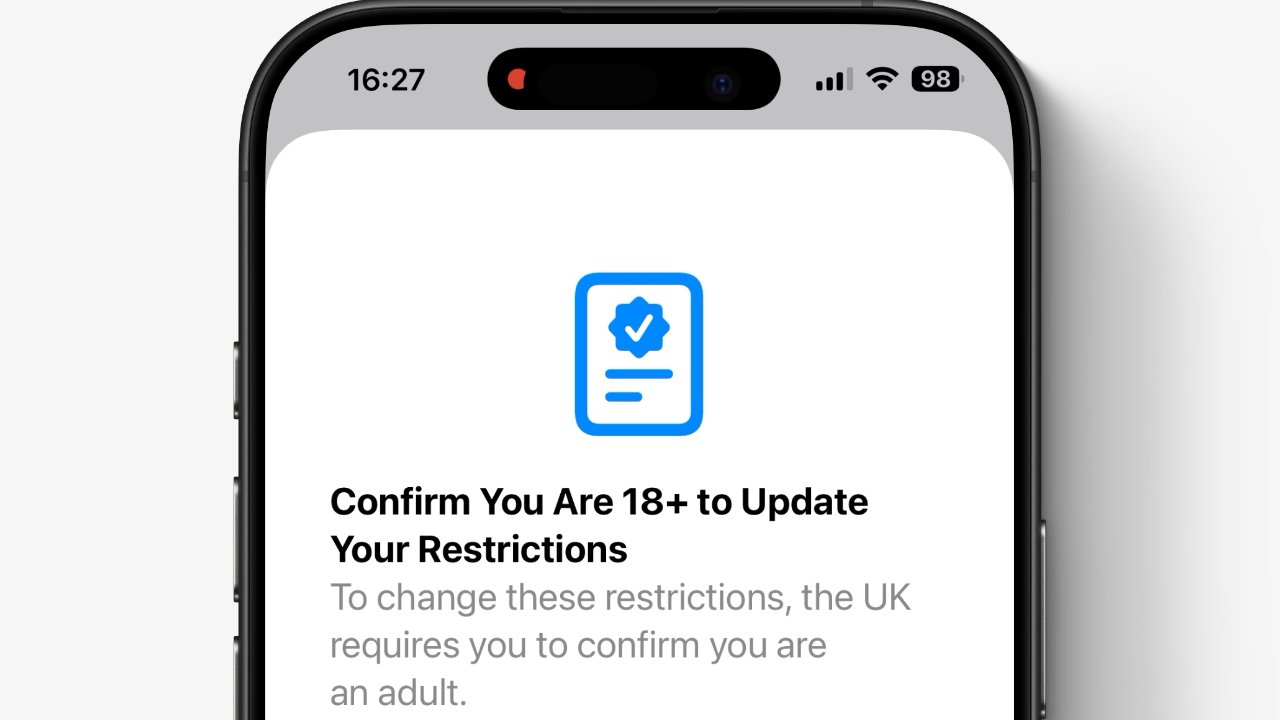 Smartphone screen showing a prompt titled Confirm You Are 18+ to Update Your Restrictions with explanatory text below and a blue document icon featuring a checkmark badge above the title