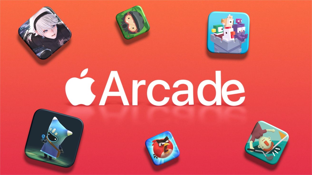 Apple Arcade logo on a red to orange gradient background, surrounded by colorful rounded-square icons representing various video games with cartoon and fantasy characters