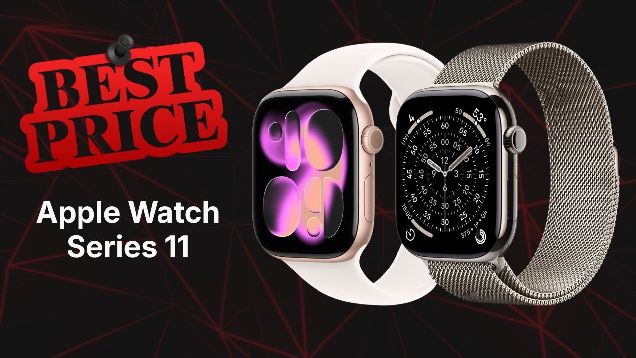 Two Apple Watch Series 11 models with different bands on a dark geometric background, plus a bold red Best Price tag and white Apple Watch Series 11 text.