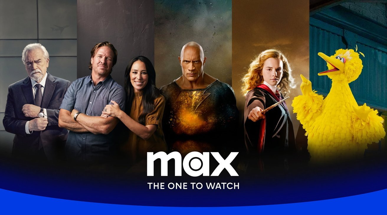 Collage of various TV and movie characters standing side by side above the Max logo with tagline The One to Watch on a blue curved background