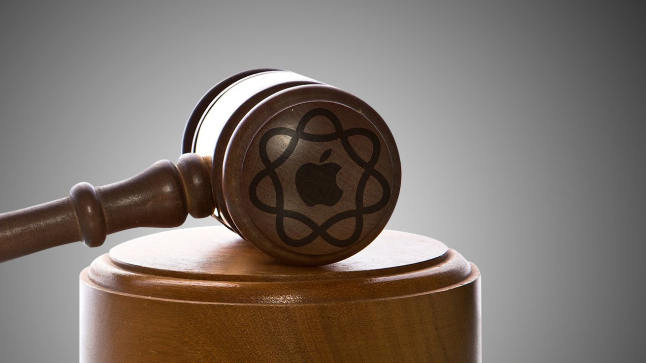 A gavel with an Apple logo and Apple Intelligence logo superimposed on the round end of the tool