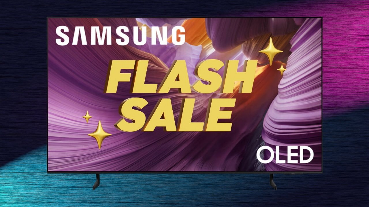 Samsung OLED S85F TV advertisement with bold yellow text reading FLASH SALE over swirling purple and orange abstract background, accented by gold sparkle icons