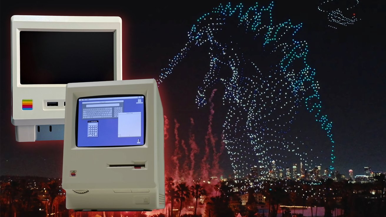 Two vintage beige Macintosh-style computers in the foreground, against a night city skyline where hundreds of glowing drones form a towering Godzilla-like creature above fireworks and palm trees