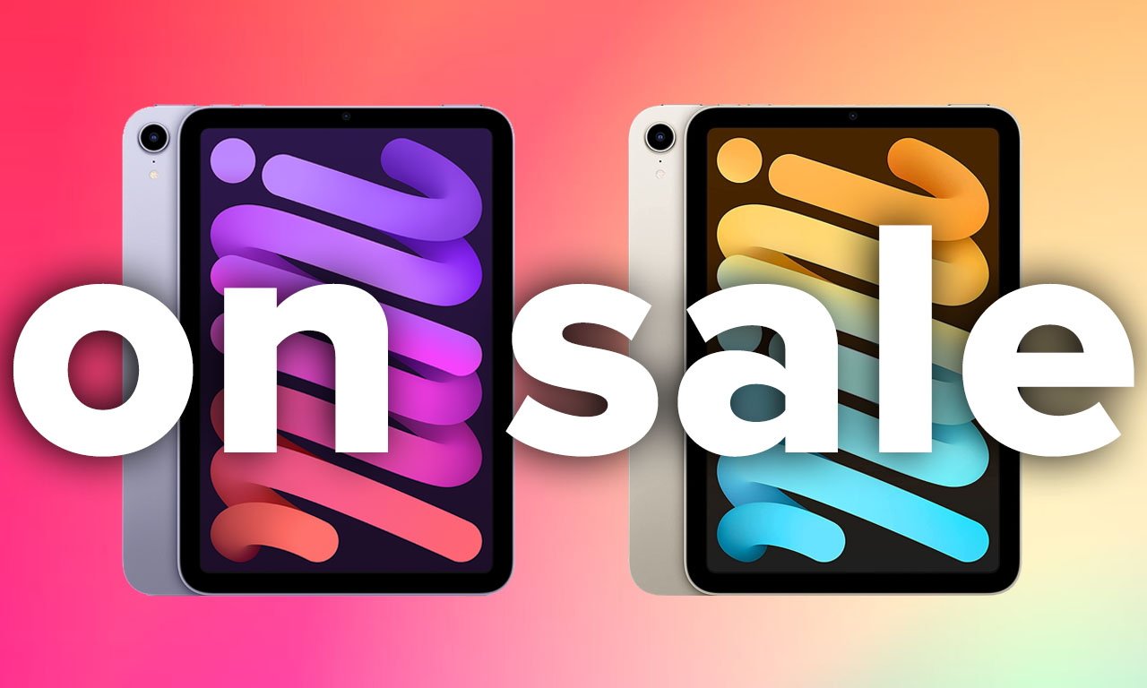 Two iPad mini tablet devices with abstract swirl screens on a bright gradient background, overlaid by large bold white text reading on sale indicating a promotional electronics discount