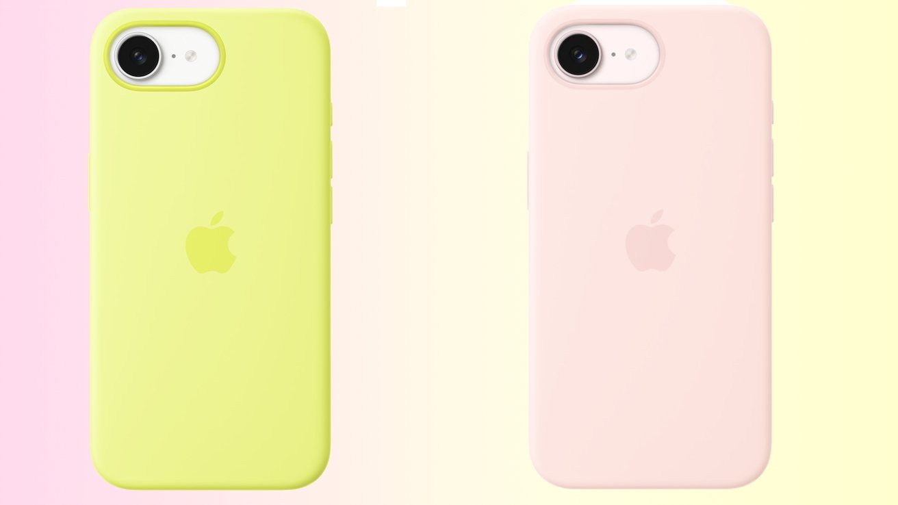 Two iPhones shown from the back, one with a bright yellow case and one with a pale pink case, both featuring the Apple logo and single camera against a pastel background