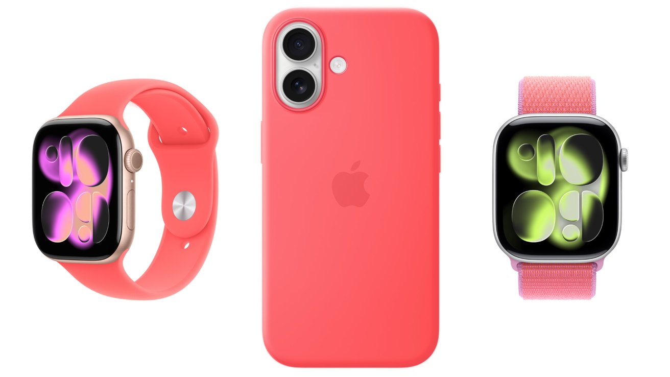 Bright Guava Apple Watch band, Bright Guava iPhone case, and silver Apple Watch with Bright Guava fabric band, all aligned on a white background