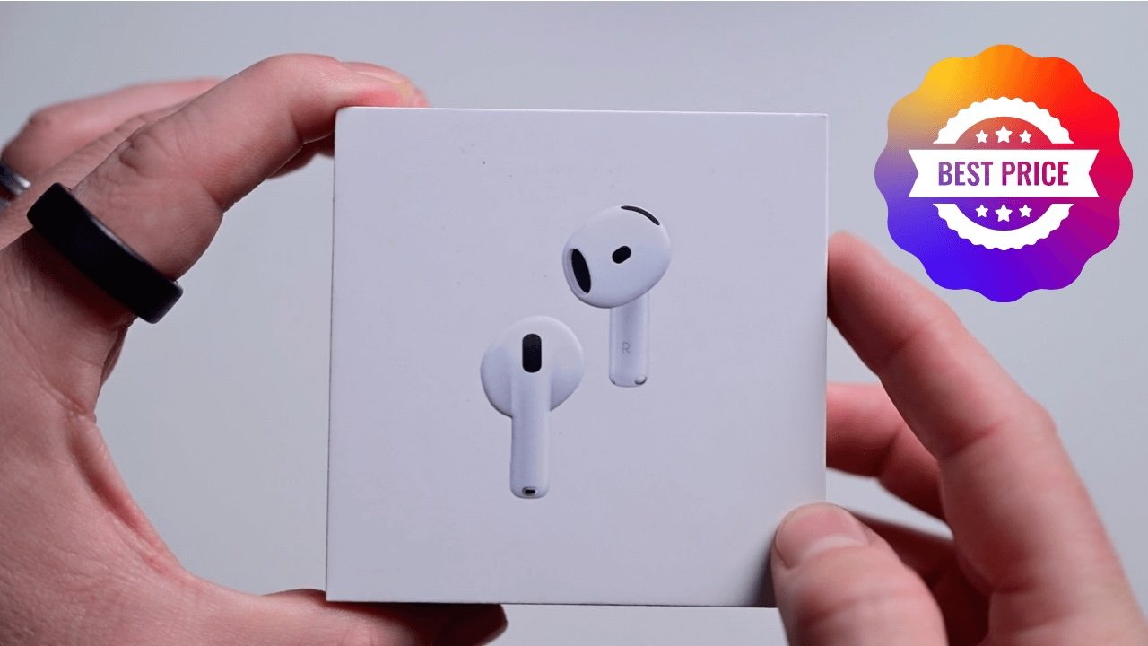 Hands holding AirPods 4 box with wireless earbuds pictured on the front, next to a colorful badge graphic on the right that reads Best Price