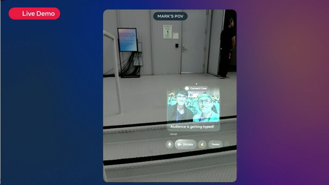 Augmented reality view from stage steps showing a crew member backstage and a floating chat window with two smiling people and text saying Audience is getting hyped