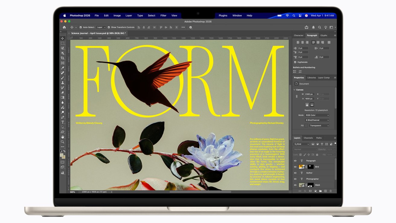 MacBook screen showing Adobe Photoshop with a magazine cover design: large yellow word FORM, silhouette of a hummingbird, colorful flowers and leaves, toolbars and panels surrounding the artwork