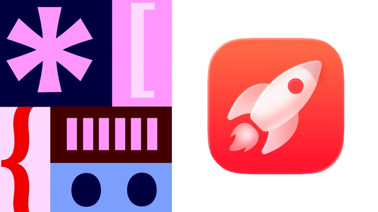 Colorful split graphic; left side shows abstract coding symbols and shapes, right side shows a glossy red square app icon with a white rocket ship blasting upward.