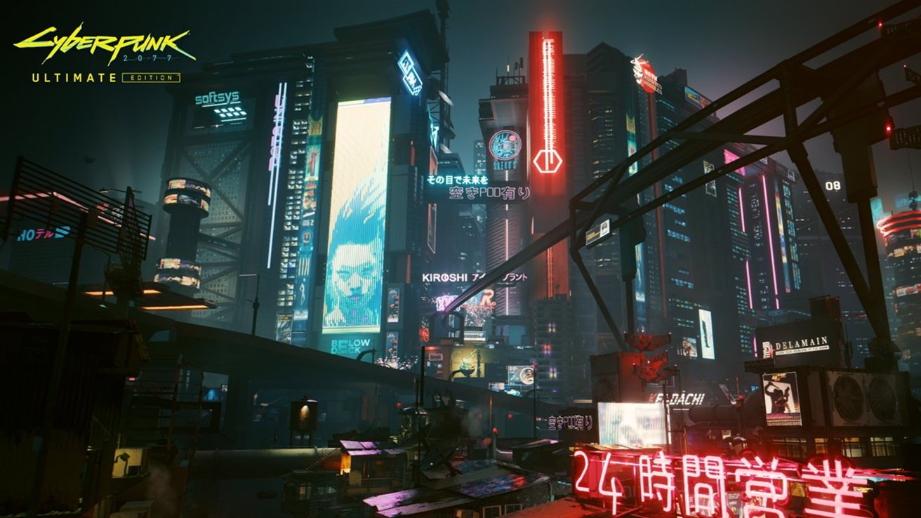 Neonlit futuristic cityscape at night with towering skyscrapers, giant holographic billboards, Japanese signs, elevated highways, and Cyberpunk 2077 Ultimate Edition logo in the upper left corner