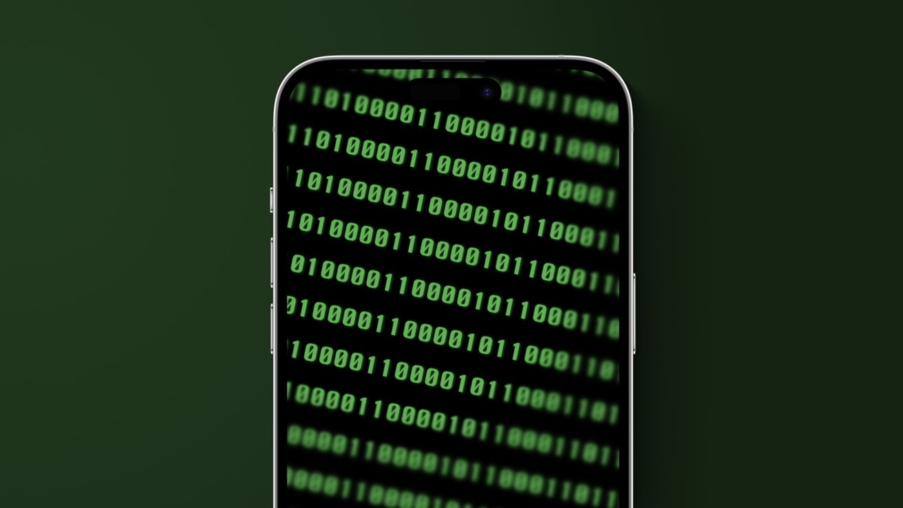 An iPhone showing green lines of binary on a green background