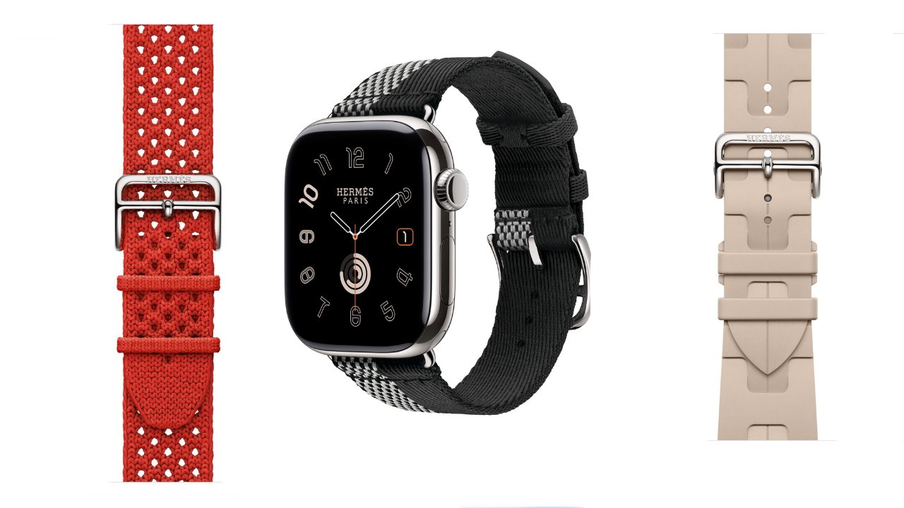 Apple Watch Herms with black woven strap centered, flanked by two interchangeable watchbands: textured bright red on the left and smooth beige sport-style band on the right