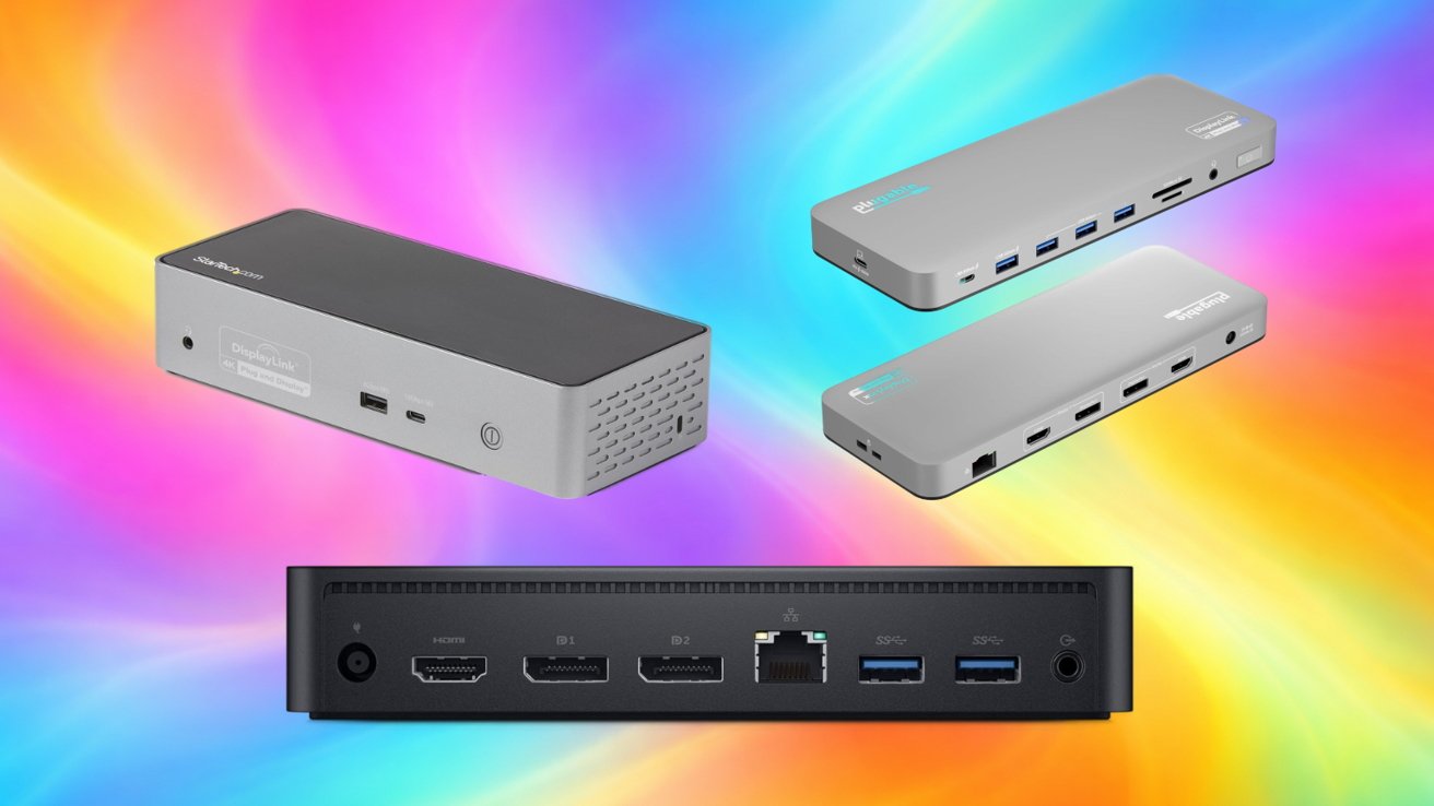Several gray USB docking stations and a black port-filled rear panel float against a vibrant rainbow gradient background, emphasizing multiple HDMI, USB, Ethernet, and audio connections
